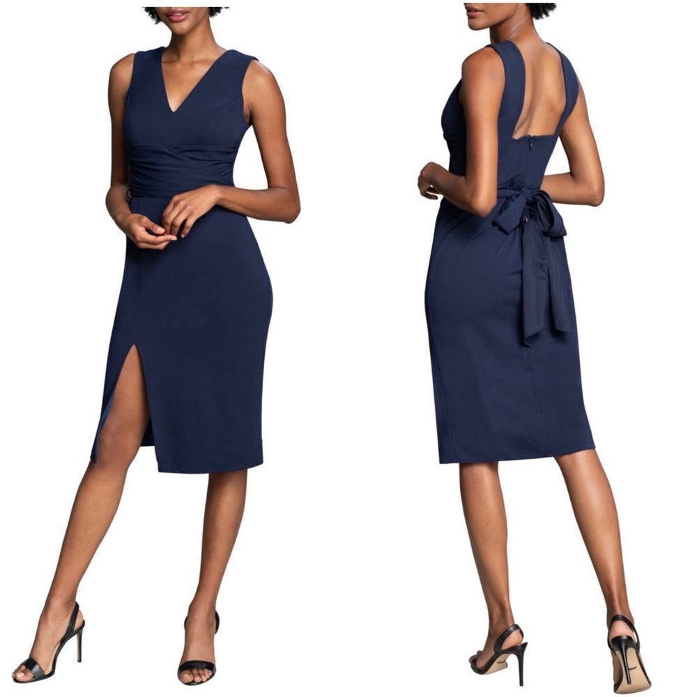 DRESS THE POPULATION Alessia Tie Waist‎ Crepe Dress, Navy, Size Medium, NWT